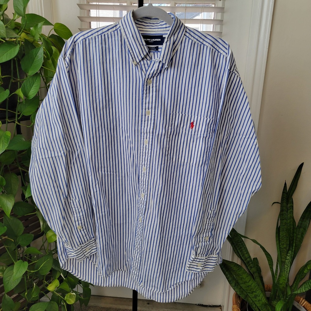 Ralph Lauren Golf Mens Tilden Stripe Button Down Shirt Blue White Large